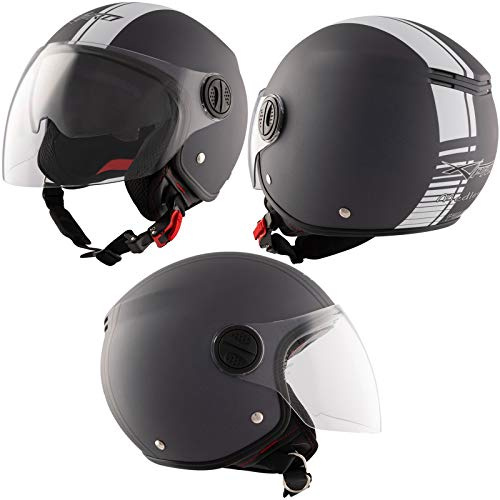 Casco Moto Jet Grigio Opaco Visiera Grafica Bianca Omologato ECE 22 06 S