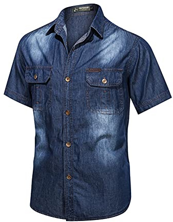 Camisa Vaquera para Hombre,Camisa de Manga Corta Hombre Camisa con Botón de Mezclilla Camisa de Trabajo Informal de Algodón Retro Camisas Casual A