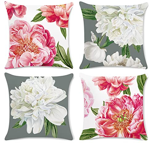 Bonhause 4er Set Kissenbezüge Blumen Rosa Weiß 45 x 45 cm Samt Soft Blume Pfingstrose Grau Dekorative Kissenhülle Zierkissenbezüge für Sofa Schlafzimmer Wohnzimmer Zuhause Dekoration
