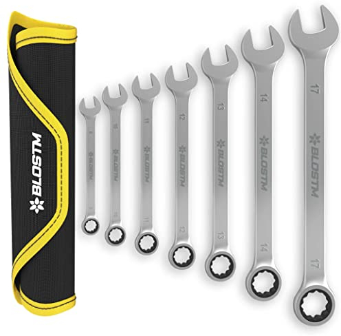 BLOSTM Ratcheting Combination Wrench - 7-Piece Metric Ratchet Spanner Set (8mm to 17mm), Combination Wrench Set for DIY, Car & Bike Repairs - Includes Roll-Up Storage Pouch 7 PCS