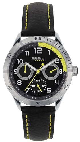 Breil, Collezione Mate, Orologio da Uomo, Orologio Sportivo Multifunzione, con Rehault e Sfere dei Contatori Giallo Lime, Quadrante Nero, Cinturino in Pelle Nero, Chiusura Déployante, Diametro 37 mm