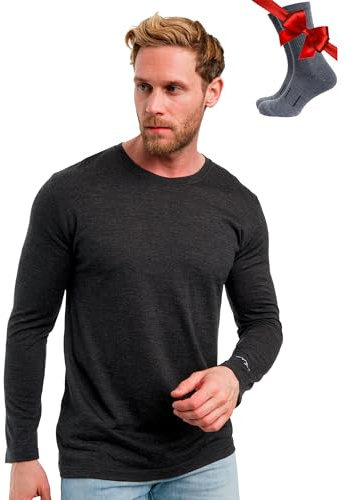 100% Merino Wool Base Layer Men - Long Sleeve Thermal Shirts + Hiking Socks (XXX-Large, 165 Heathered Black)