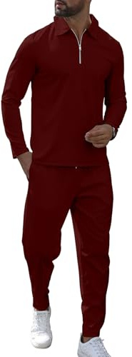 KUYIGO Tuta da ginnastica da uomo Set completo Polo con cerniera Felpe con cappuccio a nido d'ape Top da jogging Pantaloni da jogging Polo Tuta L Rosso vino