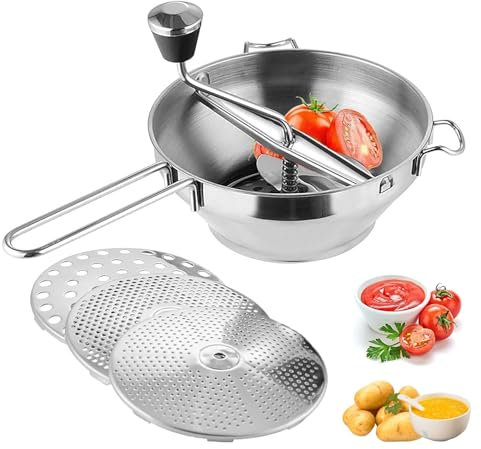 FUOBECIE Food Mill, Stainless Steel Food Mills with 3 Milling Discs, Manual Rotary Potato Ricer for Tomato Sauce, Canning Applesauce, Baby Complementary Food (2 Quarts)