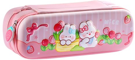 HTRTRR Portamatite 3D per bambini e bambine, doppio portamatite, astronauta/coniglietto da giardino, astuccio per cancelleria per studenti, materiale scolastico (Rosa coniglio)