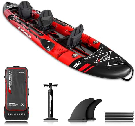 SKINHAWK Exclusiv Rot Kajak Set 480 – Schlauchboot – Kanu - 480 x 96 cm - 3 Personen Kajak