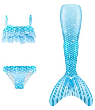 Mädchen Bikini Set Meerjungfrauflosse Kinder Badeanzug 3pcs Sommer Cosplay Rüschen Tankini Bademode Schwimmanzug Schwimmflossen Glitzernder Strand Partei Ideal für Pool und Meer Verschiedene Größen