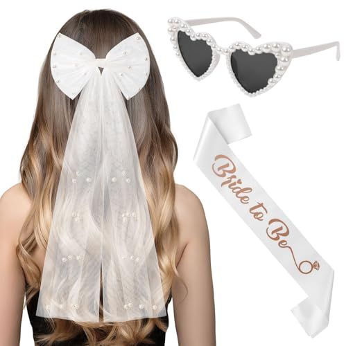 Ainiv Hen Party Accessories Kit, Bridal Hair Bow Veil with Barrette, Bride to Be Sunglasses and Sash, Hen Do Accessories for Wedding Bridal Shower Bachelorette Party Decoration, 3 Pack