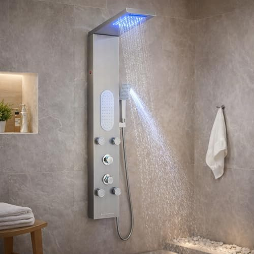 TVTIUO Columna de Ducha con Hidromasaje, Conjunto de Ducha Multifuncional con Cabezal de Ducha y Ducha de Mano, Panel de Ducha de Acero Inoxidable, Cepillado.