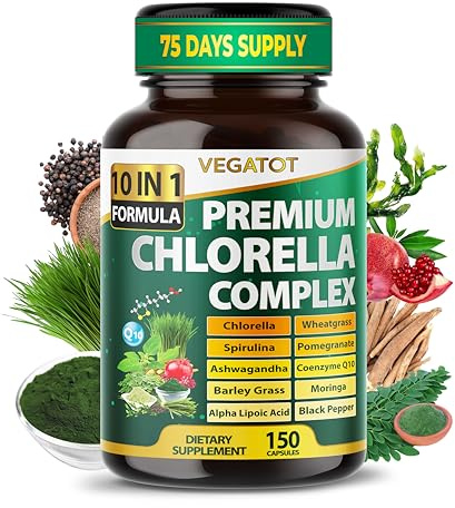 Premium Organic Chlorella Complex 10-in-1 Formula with Spirulina, Wheatgrass, Moringa, CoQ10 & Ashwagandha – Supports Natural Energy & Antioxidant Balance – 150 Capsules