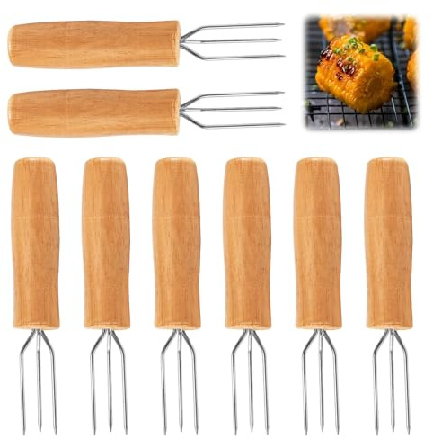 Tulov 8 forchette per patate a pellet con 3 denti, forchetta per cioccolatini di alta qualità, in acciaio inox, forchetta di mais, manico in legno di faggio, per verdure, pannocchie di mais e cibo