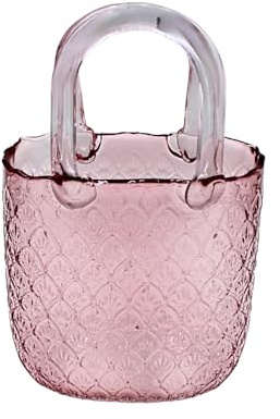 Blomvas, dekorativ vas, växtvas, bordsvas, glasvas, blomvas som handväska, handväskavas av glas, i rosé med handtag, storlek: L/B/H 15 x 10 x 24 cm.