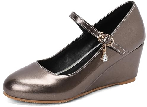 Eestfy Scarpe da Sposa in Pelle Verniciata Punta Tonda Tacco a Cuneo Eleganti Court Scarpe per Invitata per Cerimonia Ricevimento e Festa di Addio al Nubilato,Gunmetal,35 EU