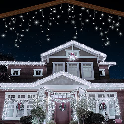 ANSIO Icicle Outdoor Christmas Lights 1000 LED, Cool White, Green Cable | 35m/112ft Icicle Lights Outdoor & Indoor Decorations String Fairy Outside Lights with Timer for Xmas Garden, Mains Powered