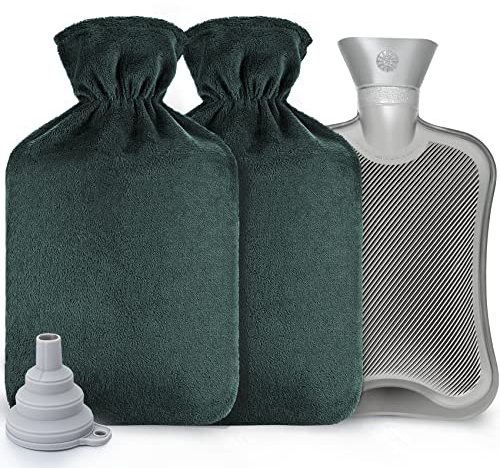 Anstore 2L Wärmflasche, Wärmflaschen mit Bezug, Flauschige Wärmflasche Groß Kinder bettflasche, Hot Water Bottle mit 2 Grünen Softcovern