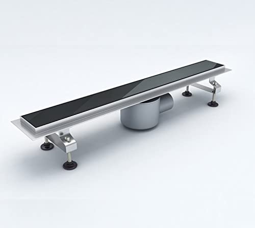 Durovin Bathrooms Stainless Steel Linear Floor Shower Drain, Wetroom Rectangular Drainage with Adjustable Feet & Hair Trap, Include Black Glass Channel Tile (900mm x 70mm)