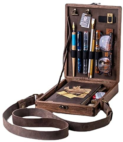 Schriftsteller Messenger Holzbox, Multifunktions-Retro-Holzhandgemachtes Werkzeug und Pinsel-Aufbewahrungsbox, tragbare Crossbody-Postbote-Tasche für Künstler-Malerei