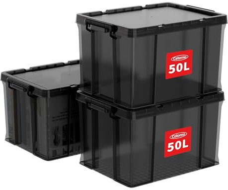 Cetomo 50L*3 Heavy-Duty Storage Boxes, Plastic Stackable Storage Box with Lids, Storage Bins with Reinforced Corners, Vertical Sides and Clip Closure, Durable, Sturdy, Transparent Black, 50L-3Pack