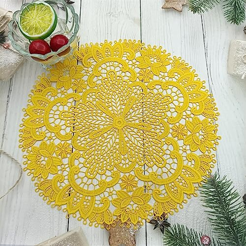 Wambere 2 Stück 26 cm Tischset aus Spitze,Spitzendeckchen Häkeldeckchen Tischdeck,Spitze Runde Stickerei Tisch Tischset,Handarbeit Geklöppelt Spitzendeckchen Placemat,für Küche, Esszimmer,Gelb A
