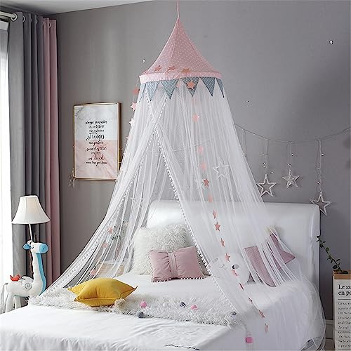 Surwin Ciel de Lit pour Bébé Enfants, Étoiles Bleu Rose Moustiquaire Rideau Baldaquin Dôme Princesse Tente de Lit, Décoration Chambre à Coucher Dressing Lecture Maison de Jeux (Rose)