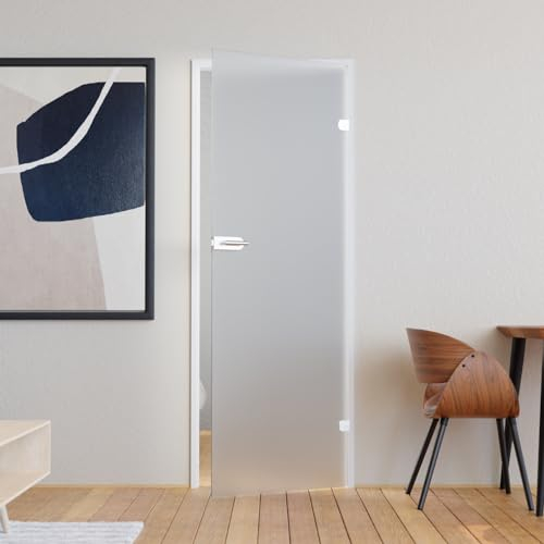 Glastür Komplettset mit Beschlag 834 x 1972 mm Milchglas weiß - Glastüren mit 8mm ESG satiniert - Innentür Glas mit Türgriff Edelstahl abgerundet Profilzylinder vorgerichtet DIN rechts