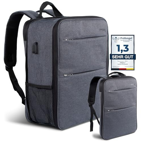 Rimbaly Laptop Rucksack - wasserabweisend & Stoßfest - USB-Anschluss, erweiterbar, Anthrazit - Ideal für Business, Schule/Uni, Damen und Herren Backpack.