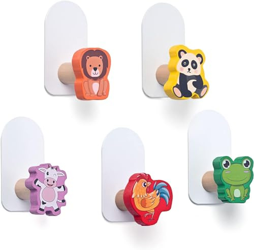 RUNEAY Children's Coat Hooks, Pack of 5, Children's Funny Animal Hooks, Self-Adhesive, Wooden Children's Coat Rack, No Drilling, Wall Hooks, Children's Clothes Hooks for Children's Room, Baby Room