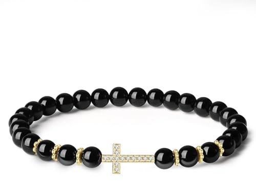COAI Pulsera Cruz para Mujer con Cuentas de Turmalina Negra M, Abalorios y Piedras Naturales