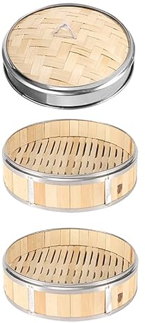 Luminexia Cesta de Vapor de bambú,2 Niveles con Tapa Steam Cooker,Olla vaporera de bambú Cocinar al Vapor con Bandas de Acero Inoxidable - para arroz,Dim Sum,Verduras,Carne y Pescado (8 tamaños)