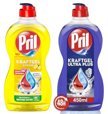 PRIL Kraftgel-Set 1x Ultra Plus & 1x Zitrone, Handgeschirrspülmittel-Set mit höchster Fettlösekraft, für sauberes Geschirr auch in kaltem Wasser, 2x 450ml
