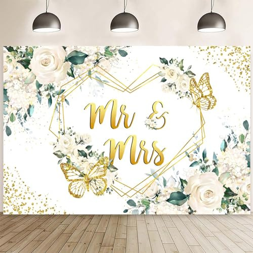 Hnmdmyi 2.1x1.5m Telón de Fondo Mr & Mrs Blanco Floral Corazones Geométrica Oro Mariposa Puntos Fotografía de Fondo Ducha de Novia Novia a Ser Compromiso Boda Fiesta Decoraciones Photo Booth Props