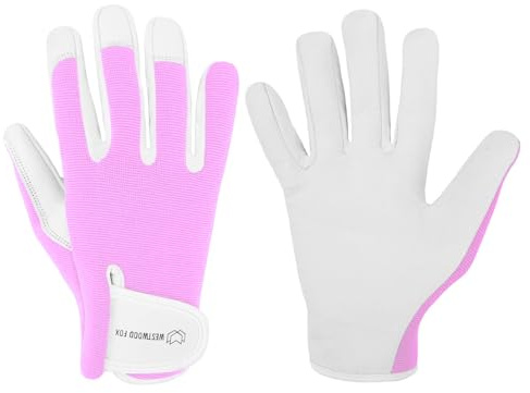 WESTWOOD FOX WFX Guantes de jardinería de cuero para mujer y hombre, a prueba de espinas, guantes de trabajo para jardín, morado (Baby Pink, L)