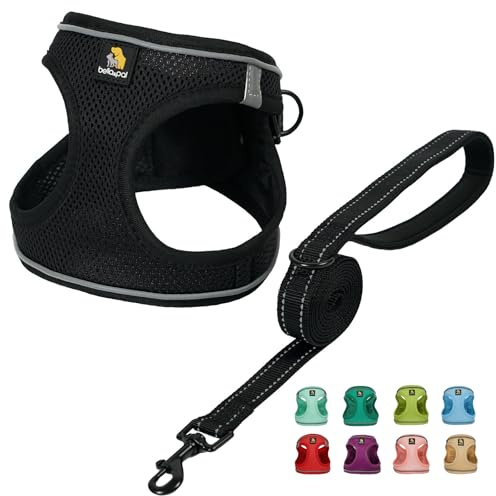 BELLA & PAL Pettorina Cane Taglia Piccola, Pettorine per Cuccioli con Guinzaglio, Step In Riflettente in Air Mesh Morbida e Traspirante, Imbracatura per Cani Poccoli, Nero, S
