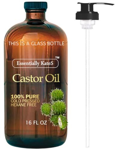 Essentially KateS Castor Oil 16 fl oz (Glass Bottle) - Original Unrefined - A Giant Glass Bottle with Pump - 100% Pure and Natural, Cold Pressed and Hexane Free - Oil for the