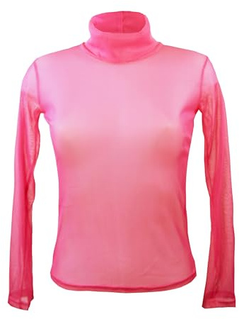 Miss Rouge T-Shirt,Top en Voile,Resille Transparente,col Roule (Rose)