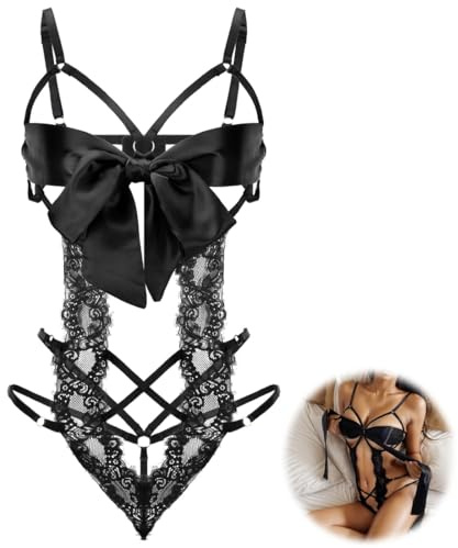 Conjunto lencería sexy para mujer, body erótico encaje translúcido con tiras y lazo, mono lencero con agujero, conjunto lencería sujetador y braguita, ropa interior abierta ajustable, color negro