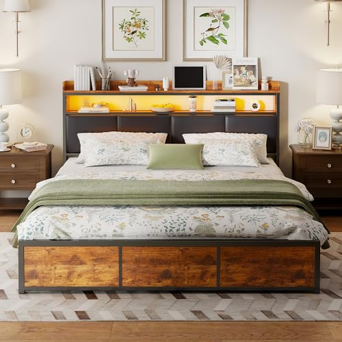 MOTUZP Letto Imbottito in Metallo, 160 x 200 cm Letto matrimoniale con Piattaforma imbottita e Illuminazione a LED, Struttura letto in legno e metallo con 4 Cassetti di Stoccaggio (Legno+PU)