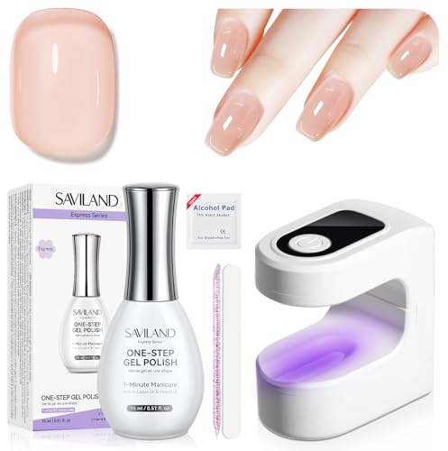 SAVILAND One-Step Gel Nail Polish Kit with Mini Lamp: 5-In-1 Sheer Nudes Gel Nail Polish Base & Top Coat Builder Gels Reinforcement Nourishing Formula 15ml Nail Polish for Quick Manicure Home DIY