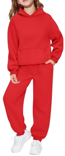 Couawaticy Kids Girls Boys Red Tracksuit Plain Fleece Hooded Top With Bottom Joggers Jogging Suit Outfit Set For Children Age 2-14 Years