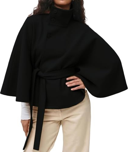Poncho da donna con maniche a pipistrello, poncho da donna con maniche a pipistrello, in lana, con colletto rialzato e cintura, giacca corta