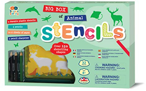 Buddy & Barney Stencils for Kids - Big Box of Animals 32 Piece Stencil Set for Kids | Large Stencils Kit including 5 Stencils, 6 Pencils & 20 Sheets of Paper | Over 150 Stenciling Shapes