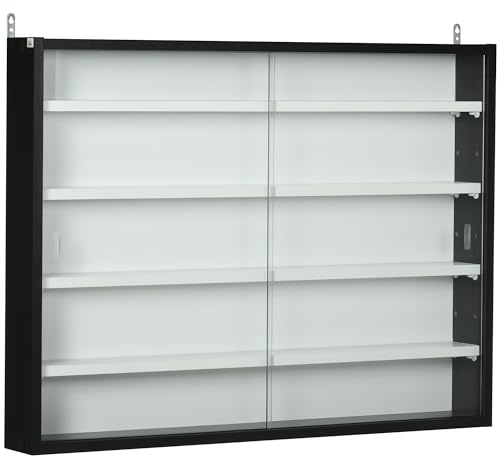 HOMCOM Vitrina Expositora Vitrina de Pared con Estantes Ajustables y 2 Puertas Correderas de Vidrio para Colecciones Perfumes Figuras de Decoración 80x9,5x60 cm Blanco y Negro