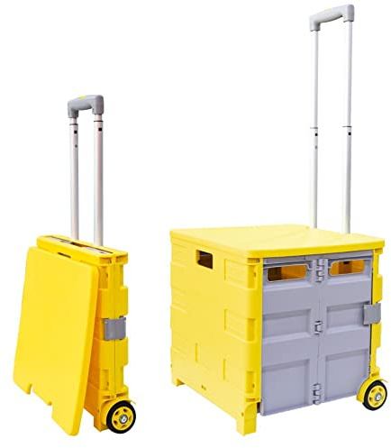 35kg Folding Shopping Trolley Storage Boot Cart Box | Collapsible Trolley with Lid | Portable Utility Cart with Telescopic Handle (Yellow/Grey)