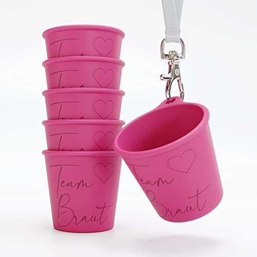 SoPro 6x Schnapsbecher zum Umhängen 4 cl wiederverwendbar - Schnapsgläser JGA 40 ml pink - Schnapsglas zum Umhängen, Brautbecher mit Gravur