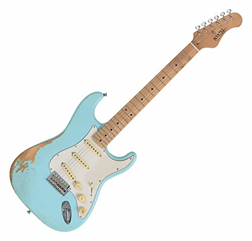 Rocktile Vinstage ST-RMGN E-Gitarre - Relic-Gitarre in Aged-Style - Korpus: Esche - Griffbrett/Hals: gerösteter Ahorn - 3x Single Coil Pickup - Vintage-Hardware - Bright Sky Blue