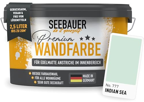 SEEBAUER diy Wandfarbe Türkis 2,5L für Innen (No. 777 Indian Sea) Edelmatte Innenfarbe Blau Grün - Grüntöne sehr hohe Deckkraft - Matt, Abwaschbar und Tropffrei