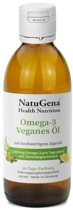 NatuGena Omega-3 veganes Öl, 2.200 mg Omega-3 pro Tagesdosis, 100% rein Pflanzliches Algenöl, Omega-3-Fettsäuren EPA und DHA, 100 ml (20 Tage Packung)