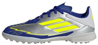 adidas Unisex Kids F50 League Football Boots Turf, Silver Metallic/Solar Yellow/Lucid Blue, 4.5 UK