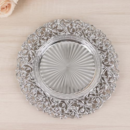 Efavormart 6 Pack Silver Vintage Floral Acrylic Charger Plates With Carved Borders, Round Dinner Charger Event Tabletop Decor - 13