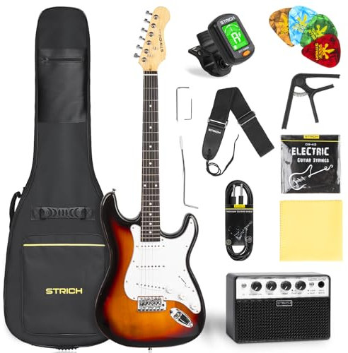 STRICH Electric Guitar Beginner Kit, Solid Body 39 Full Size Electric Guitar SSS Pick Up for Starter, with 10W Amp, Bag, Digital Tuner, Capo, Strap, String,Cable, Picks, SST-S10 Sunburst